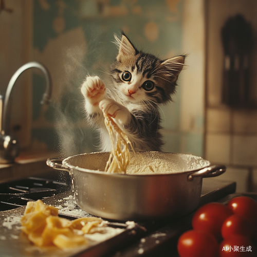 小猫咪在厨房里学做饭