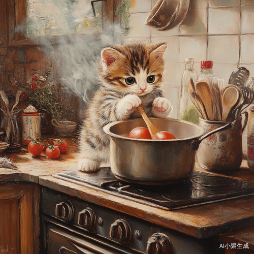小猫咪在厨房里学做饭