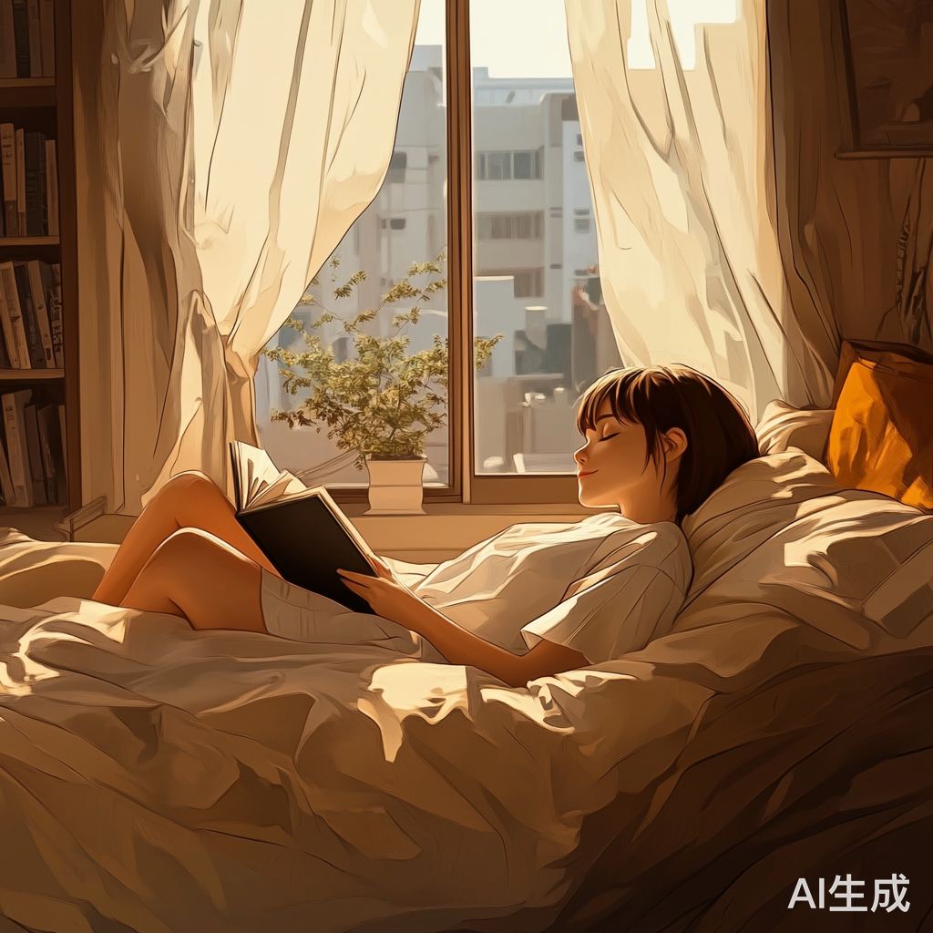 阳光下的短发女孩在书房阅读的插画