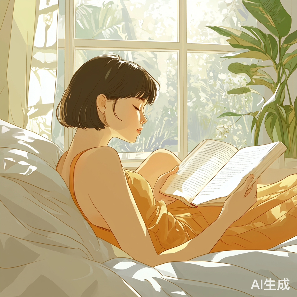 阳光书房中的短发女孩阅读插画全景