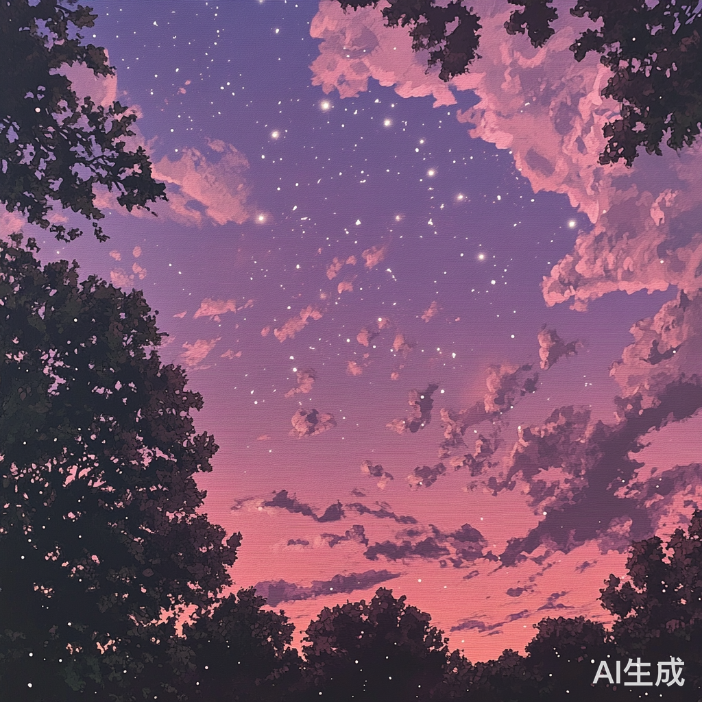 柔和粉紫色天空与五角星星的漫画风格艺术