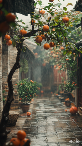 阴雨中的老院子里柿子成熟了