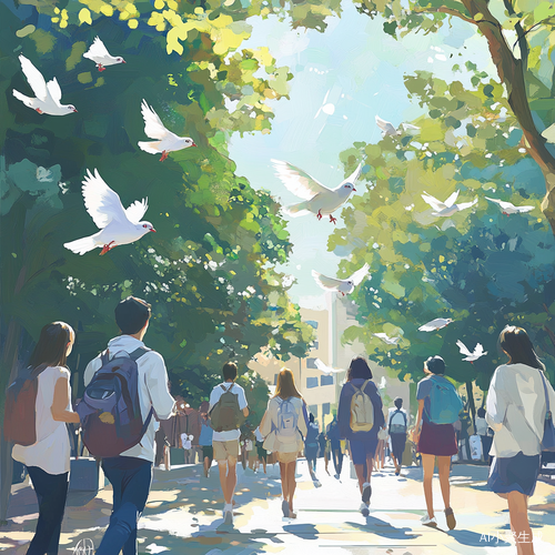 校园美好生活的手绘插画展现自然光与柔和色彩
