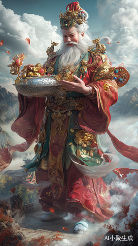 财神形象与仙境背景的财富象征