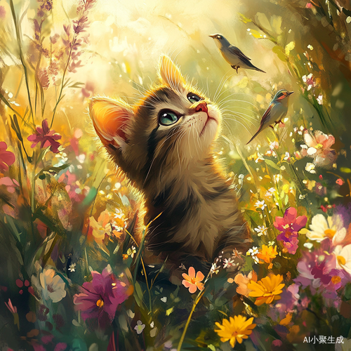 阳光下可爱的咖啡猫与五彩花丛的小鸟歌唱