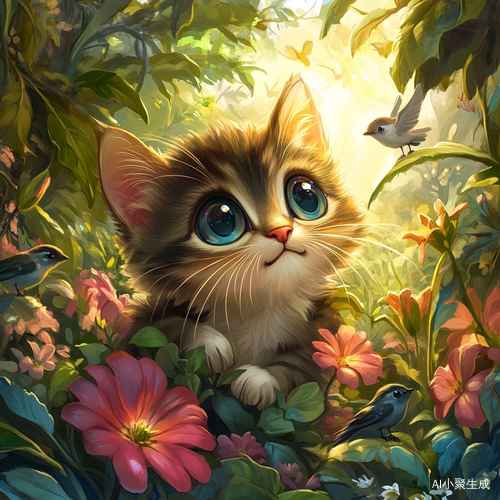 阳光下可爱的咖啡猫与五彩花丛的小鸟歌唱