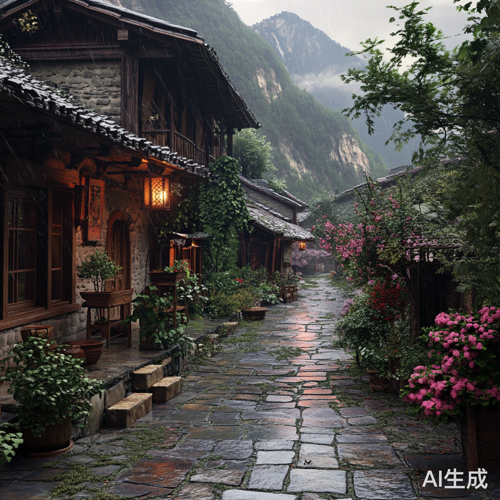 小山村的湿润石子小路与古老房子治愈自然之美