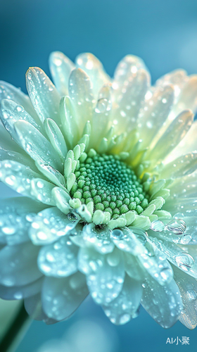 水晶蓝色背景下的高清淡绿色菊花宏观特写