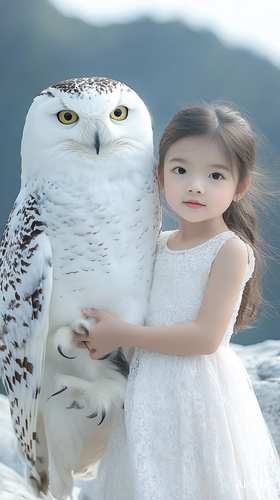 Chinese Girl in Lace Dress with Giant Snowy Owl on Mountain