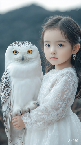 Chinese Girl in Lace Dress with Giant Snowy Owl on Mountain