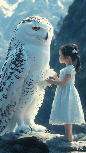 Chinese Girl in Lace Dress with Giant Snowy Owl on Mountain