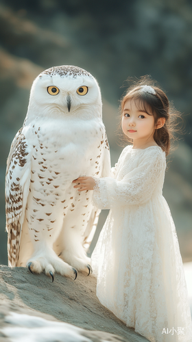 Chinese Girl in Lace Dress with Giant Snowy Owl on Mountain