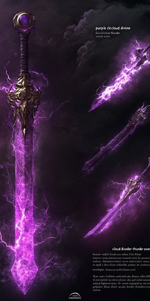 To design an ancient artifact, we can consider its appearance, function, historical background, and related spells. The following is the concept I designed for the "Purple Cloud Divine Thunder Sword": Appearance description: Purple Cloud Divine Thunder Sword is a long sword that exudes a mysterious purple light. The body is forged from an extraterrestrial meteor, and the hilt is inlaid with the Eye of Thor-a huge purple gem that can absorb and store the power of lightning. The blade of the sword is 