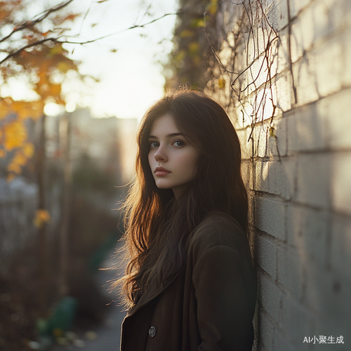 秋天白天的美少女靠墙陶瓷前视图