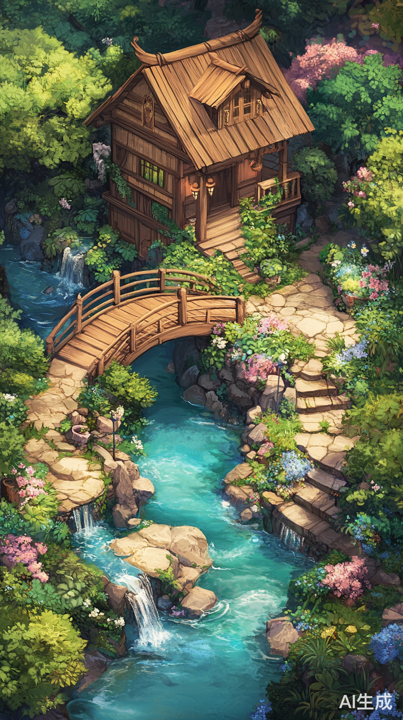 小木屋与小桥流水的治愈系风景