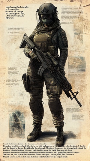 For the image of a fully armed female special force soldier ready to go to the battlefield, the English "mantra" can be some phrases full of strength and tactical sense, designed to convey her professional skills and combat preparation. Here are some English phrases that may be appropriate for this occasion:1. "Stealth and Strength, the Warrior's Code. "2. "In the Camouflage of Courage, the Heart of a Fighter. "3. "The Silent Sentinel, the Deadly Aim. "4. "Where Shado