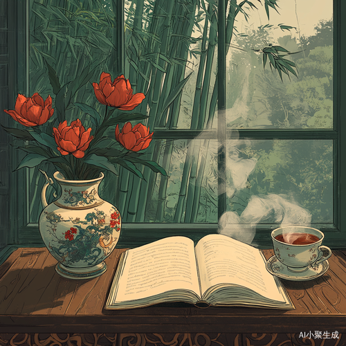 温暖中国风插图中书桌与花瓶的静谧时光