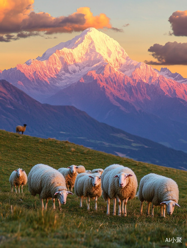 夕阳映照下的雪山与宁静草地的和谐画面