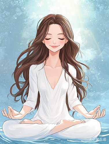 卡通女孩冥想清澈眼神与自然色彩传达心灵安宁