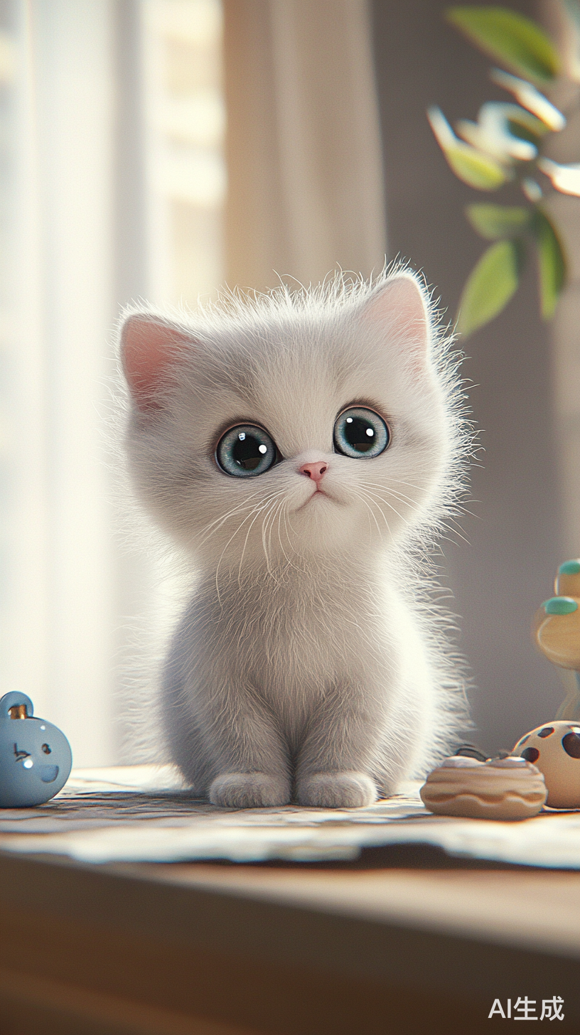 3D C4D风格可爱小猫坐桌上周围有玩具