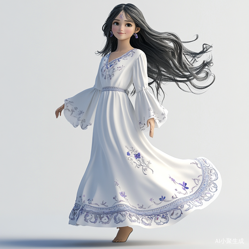 白裙少女温婉笑容与紫花点缀