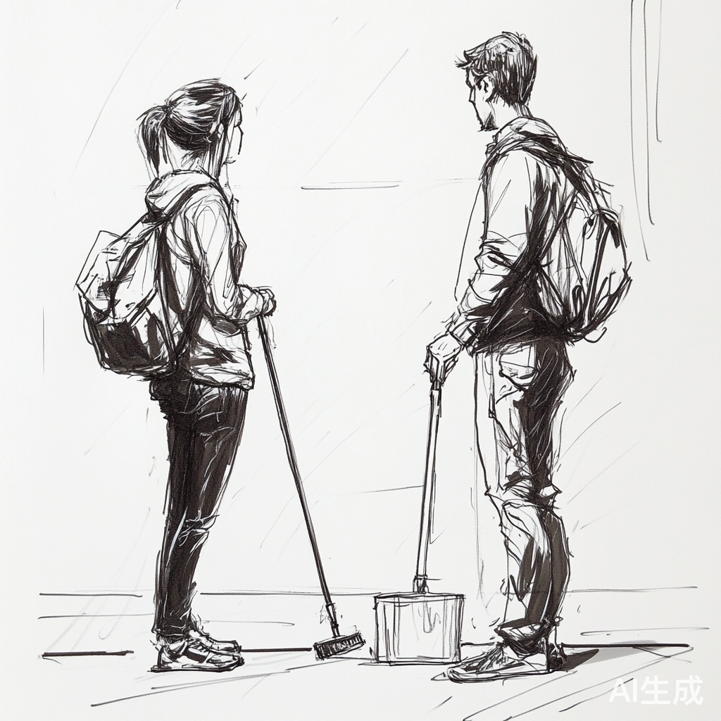 学校大扫除中两人互动的速写