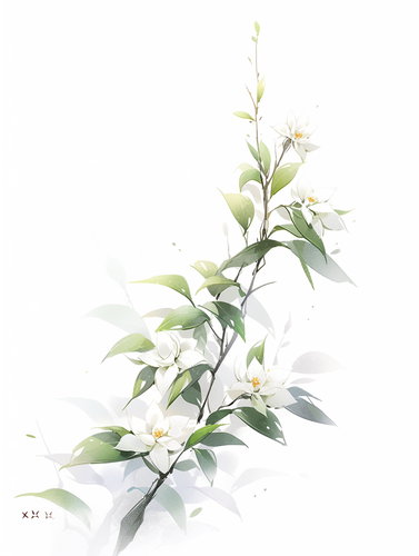 Minimalist Chinese Ink Painting of White Jasmine with Ethereal Beauty