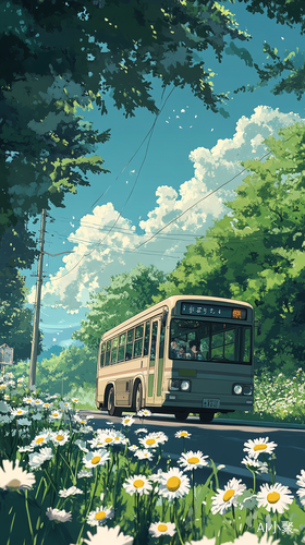 Miyazaki Style Bus Journey Through Daisies and Trees