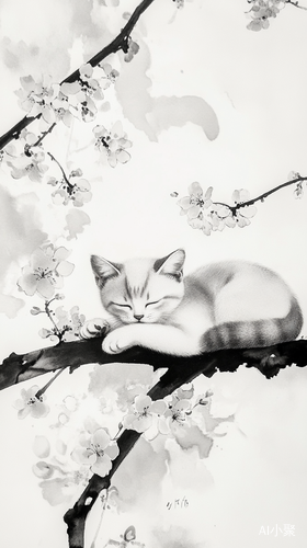 Sleeping Cat on Flowering Branches in Traditional Ink Painting Style