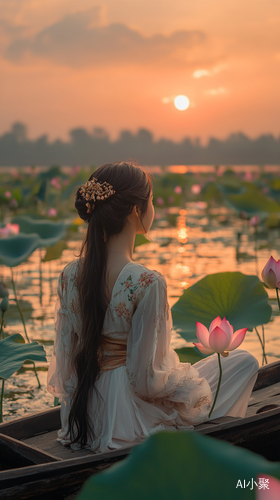 古代男女河边约会夕阳荷花盛开超清特写