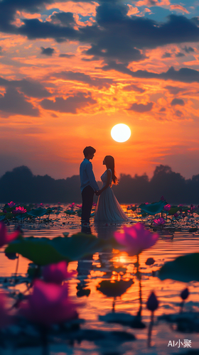 古代男女河边约会夕阳荷花盛开超清特写