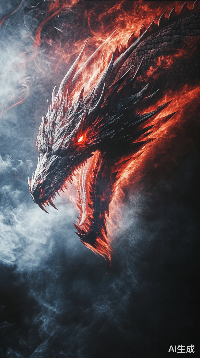 威武霸气的红色火龙在黑色背景中腾空而起