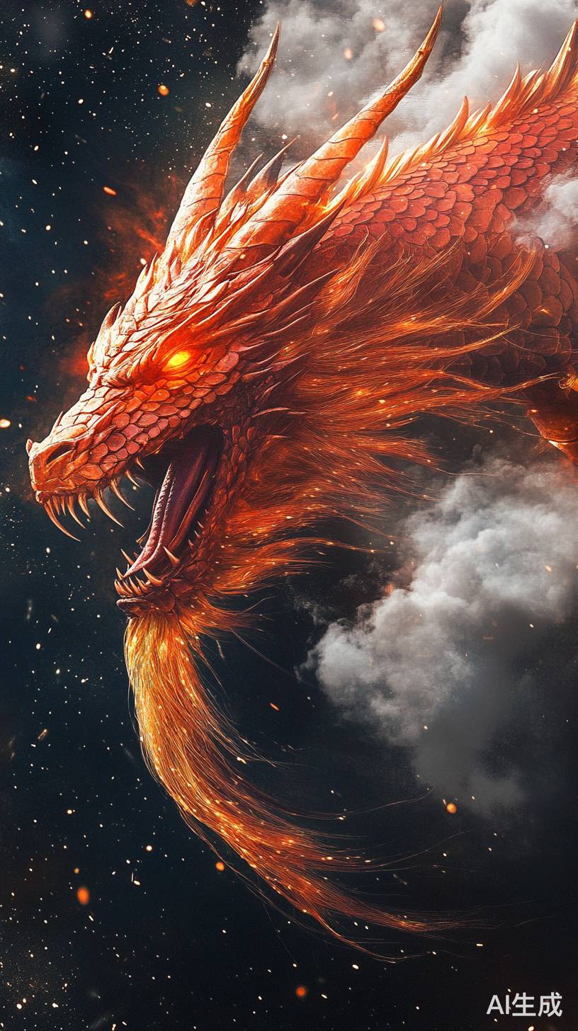 威武霸气的红色火龙在黑色背景中腾空而起