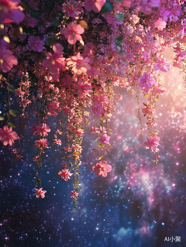 空中花园星空下的3D鲜花美景