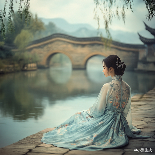 A Young Woman in a Tranquil Jiangnan Water Town Scene