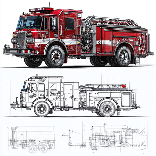 CAD Blueprint of a Modern Red Fire Truck with Detailed Design Features