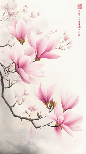 Chinese Calligraphy Style Poster with Pastel Pink Magnolia and Gradient Background