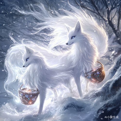雪地中的九尾狐与三色宝石的优雅邂逅