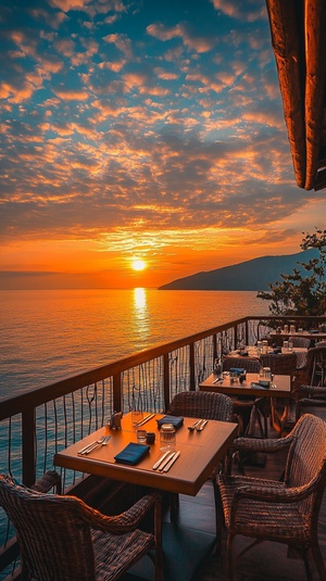 A balcony with chairs and tables overlooking the sea, sunset sky, golden clouds, colorful colors, golden light, bright orange tones, high definition photography photos, wideangle lens, natural scenery, warm atmosphere, soft lighting, peaceful tranquility.,,in v 6.0极速 ar 9:16