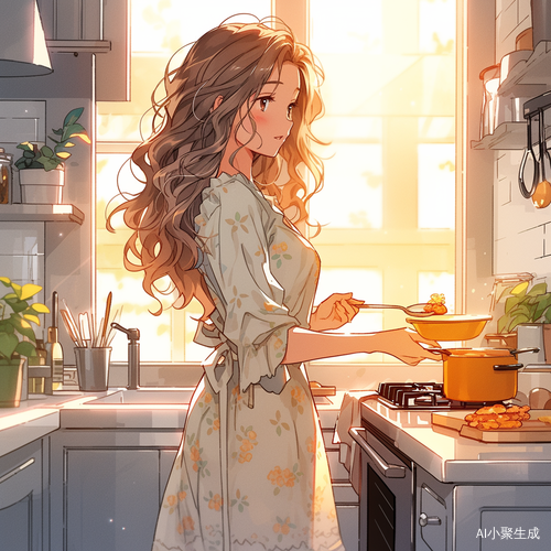 独立都市风格动漫女孩穿睡裙做早餐的卡通插画