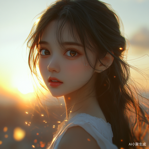 清新阳光女孩在夕阳下的温柔凝视