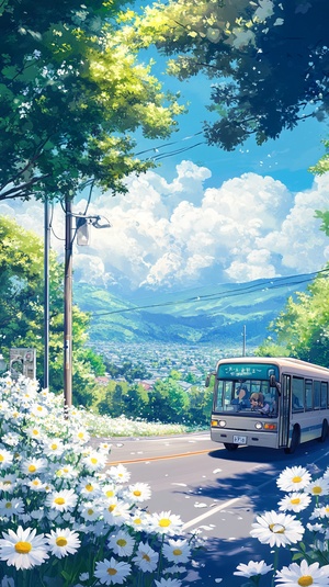 A bus is driving down the road, surrounded by white daisies and green trees. The sky above has blue hues. In the style of Hayao Miyazaki, it features soft colors and delicate details. A Japanese anime illustration with a cute character design in high definition style raw v 6.0