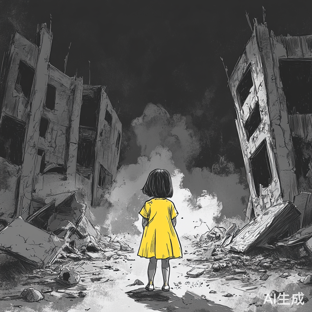 小女孩在黑白废墟中的鲜艳对比插画
