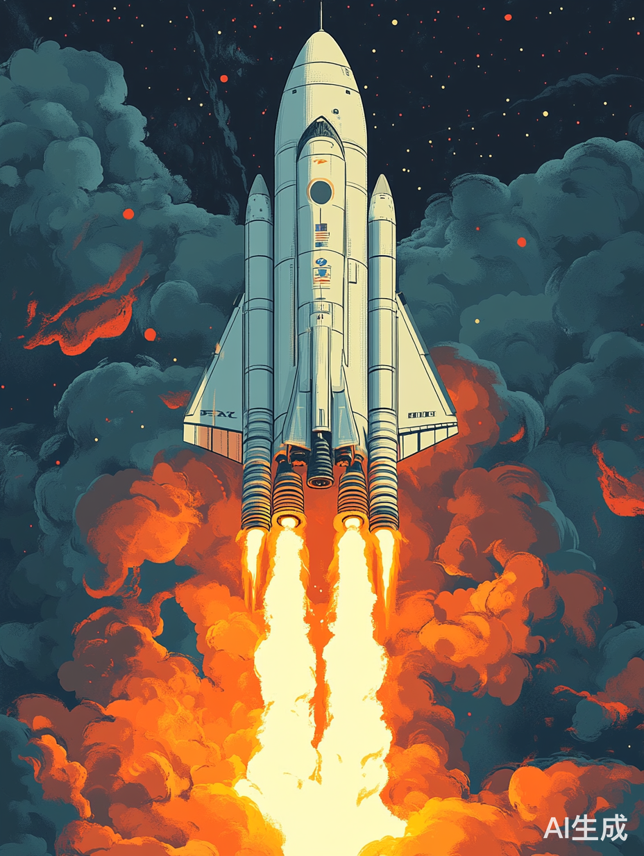 仰视星舰飞船载着希望与人类成就的插画