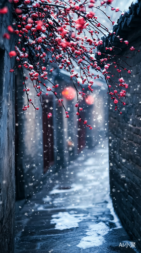 古老小巷冰雪梅花的浪漫治愈意境