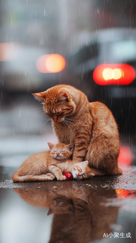 橘猫妈妈悲伤守护受伤幼崽的雨天场景