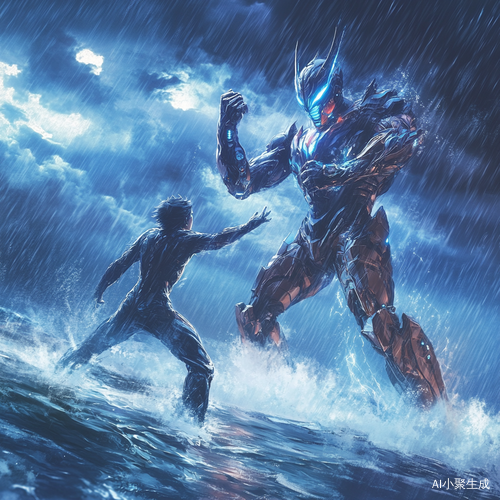 哥尔赞与迪迦奥特曼海面对决加坦杰厄的Q版风格插画