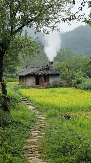 一个农村小村庄，视野开阔，坐落着几栋青砖瓦房，房屋旁边有一颗枣树，房顶上小小的烟囱冒着缕缕白烟，房屋前面有一条羊肠小道，小道两旁有矮矮的青草，小道一边的地里种着一些油菜已经开花，还有一块地种着小青菜，一块地挨着一块地种着各式各样的青菜，羊肠小道的另一边水稻田刚刚播种插秧，稻田上面有条土道，土道下面有一条宽的清澈见底的河流，河流上有座小木桥，河流旁边有通往河流的石头台阶，河水清澈见底，河流周围有青青的小草和小野花。