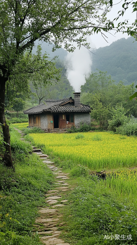 宁静乡村风景青砖房与青菜田园