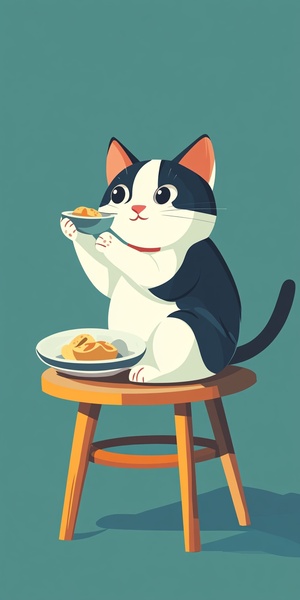 可爱猫咪独自享用美味午餐